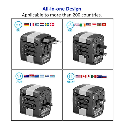 Universal Travel Adapter, 2400W International Power Adapter, European Adapter Worldwide All in One Plug Adaptor with 1 USB C + 3 USB for High Power Appliances for EU,UK,US,AUS,Over 200 Countries,Grey