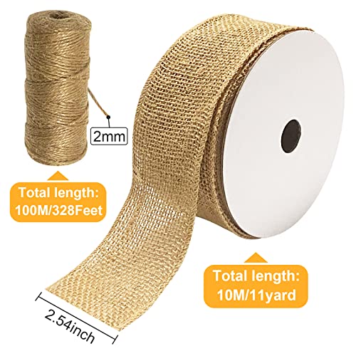 CHolic 2.5inch x 11 Yards Burlap Wired Ribbon and 2MM x 328 Feet Natural Jute Twine Packing String for Photos Crafts Wrapping Gifts Party Home Decor Easter Holiday and Rustic Wedding Decorations