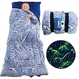 Dinosaur Sleeping Bag Glow in The Dark Dino Slumber Bag for Boys - Plush Glowing T-Rex Nap Mat for Kids- Luminescent Blue Large 66in x 30in Warm Durable Sleeping Blanket Pad for Girls - Dinosaur Gift