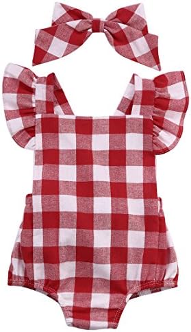 Newborn Toddler Baby Girl Bodysuit Cotton Plaids Bebes Romper Outfit with Bowknot (60cm/ 0-3 Months)