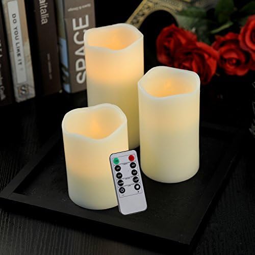 LED Flameless Candle Set of 3 with Bamboo Tray, 4" 5" 6" Real Wax Battery Pillar Candles with Remote & Timer, Flickering Flame Electric LED Candles, for Home Decor, Party, Wedding, Birthday-Yellow
