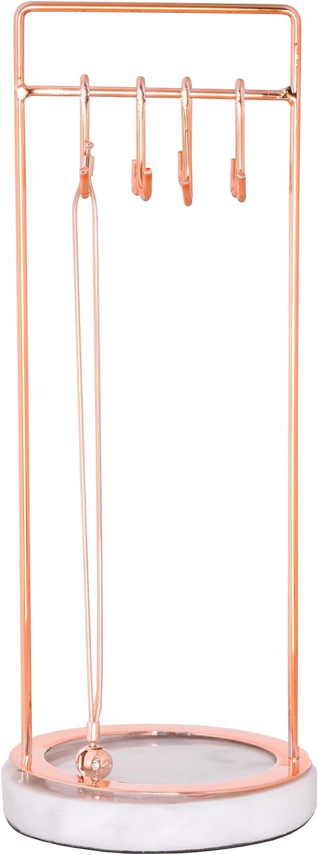 Sasha Morel Hanging Jewellery Organiser Stand with Marble Tray | Necklace Stand Display and Earring Holder Bedroom Decor | Hanging Storage for Necklaces, Bracelets, Earrings (Rose Gold)