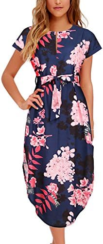 Women's Midi Dresses Side Slit Floral Print Loose Casual Long Dress with Belt BK318