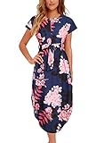 Women's Midi Dresses Side Slit Floral Print Loose Casual Long Dress with Belt BK318