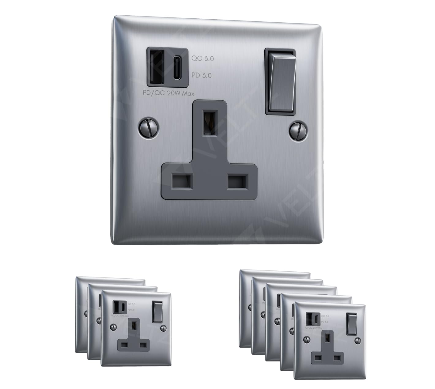 VELTZ Pro Super Fast Charging 20W PD/PPS USB C & 18W QC 4.0 USB A Single Plug Wall Socket 13A 1 Gang Brushed Steel — image 1