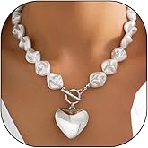 Pearl Heart Statement Necklace for Women,Gold Chunky Puffy Heart OT Toggle Choker Necklace,Vintage Pearls Beaded Short Necklaces