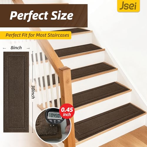Non-Slip Stair Treads for Wooden Steps Indoor, 15 Pack 8" X 30" Edging Stair Rugs with TPE Backing,0.45" Thick Carpet Stair Treads for Kids Elders & Pets, 100% Polyester Soft Stair Runners, Brown