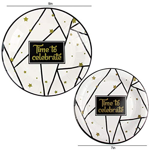177 Piece Black and Gold Celebration Party Supplies Set Including Banner, Plates, Cups, Napkins, Tablecloth, Spoon, Forks, and Knives, Serves 25
