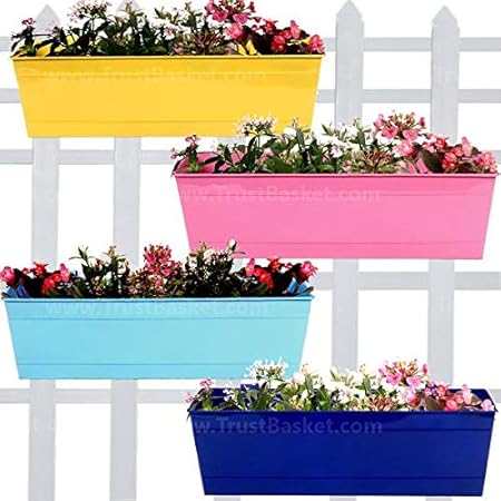 TrustBasket Plastic Rectangular Railing Planters, Yellow, Blue, Teal and Pink, 18 Inch, 4 Pieces