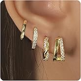 Bsoepnr 4 Pairs Gold Hoop Earrings Set, 14K Gold Plated Trendy Small Gold Huggie Earrings Stack Hypoallergenic, Dainty Cubic Zirconia Cartilage Hoops for Women