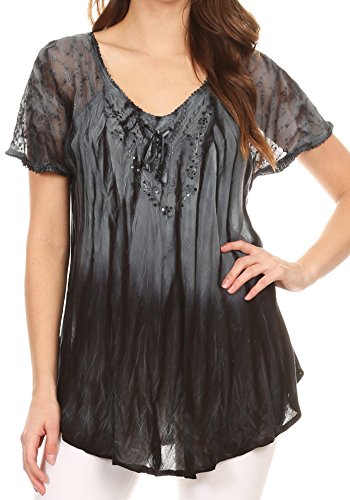 Sakkas 17782 - Siri Ombre Tie Dye Embroidered Sheer Cap Sleeve Relaxed Fit Tunic Top - 8-Grey - OSP
