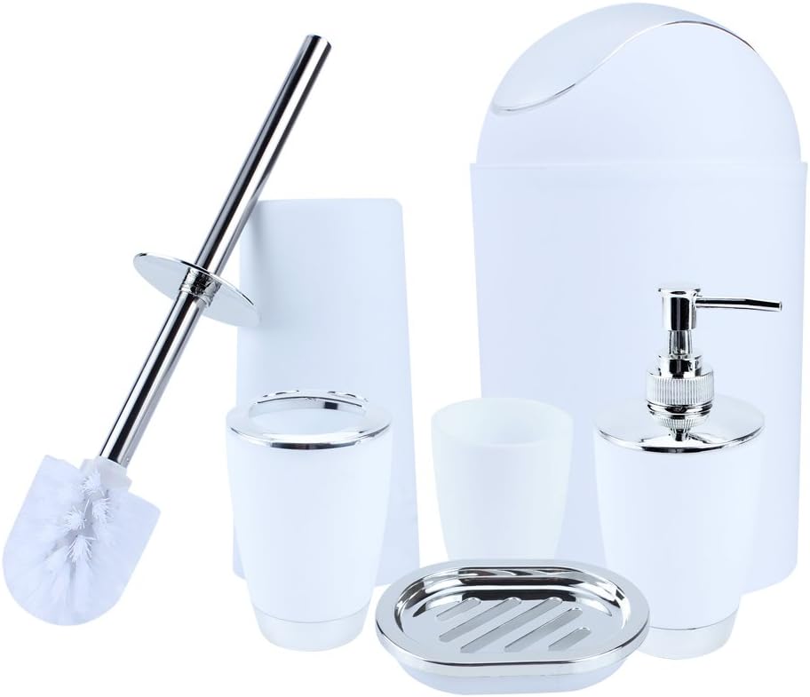 Delaman Bathroom Accessory Set - 6Pcs Bathroom Accessory Kit with Lotion Dispenser Toothbrush Holder Tumbler Cup Soap Dish Toilet Brush Trash Can (Color : White)