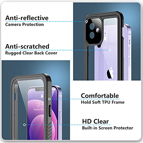 SPIDERCASE Designed for iPhone 12 Case, Waterproof Built-in Screen Protector, Shockproof Full Body Cover Rugged Case Only for iPhone 12 6.1” 2020 Released, Black/Clear
