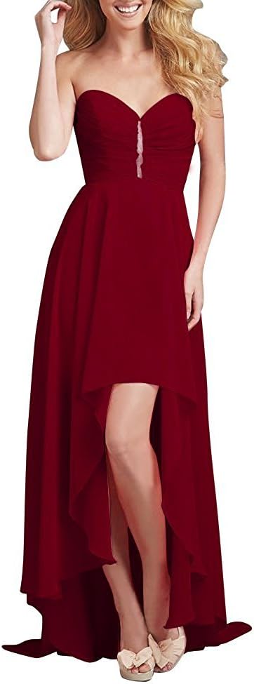 FTSOP Women's Chiffon Sweetheart Bridesmaid Dress Long Asymmetrical Prom Evening Dress Strapless Burgundy