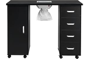 Goujxcy Rolling Manicure Table Nail Desk with Electric Downdraft Vent, Beauty Salon Nail Station Desk Nail Tech Table with 4 Drawers and Large Cabinet, Black