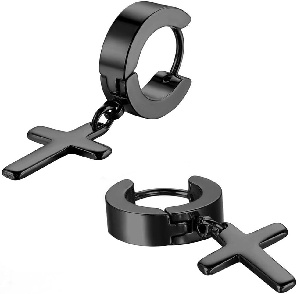 Men's Women's Stainless Steel Cross Drop Dangle Huggie Hinged Hoop Earrings Amesii