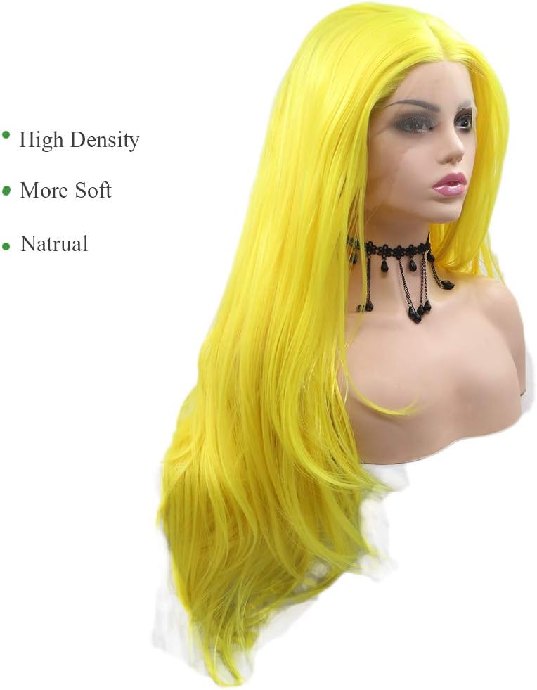 Limon Yellow Lace Front Wigs for Women Natural Long Wavy Yellow Wig Half Hand Tied Heat Resistant Fiber Hair Replacement Full Wig Party Daily 24 inch Wig - Image 4