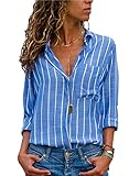 HOTAPEI Womens Casual V Neck Striped Button Down Collar Chiffon Work Blouses Long Sleeve Office Tunic Tops Shirts Blue and White Small