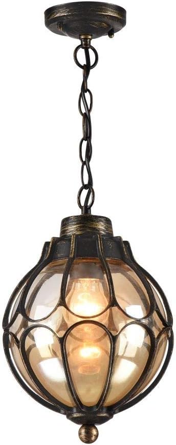 Elegant Outdoor Pendant lamp, 1 Light, Vintage Design, Bronze Metal Frame, Fancy Handmade Glass of Amber Colour, Adjustable Height, for 1 Bulb E27 100W not incl
