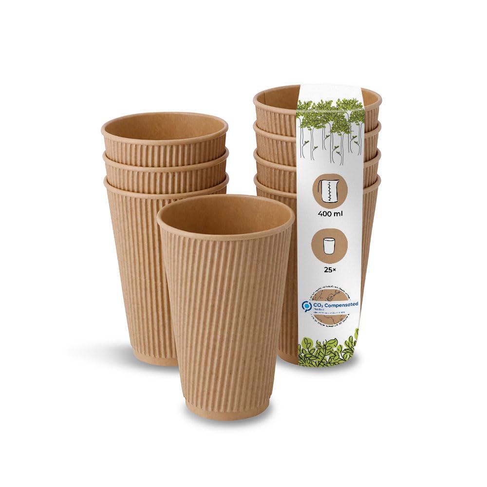 BIOZOYG 25x Insulated Disposable Coffee Cups 400 ml / 16 oz, Ø 90 mm Brown - Corrugated, Plastic-Free - Paper Cups for hot Drinks