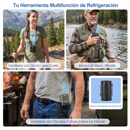 CAMULAND Ventilador de Cintura Recargable 16000mAh, 5 Velocidades con Clip para Cinturón, Linterna LED y Banco de Energía, Multifunción para Construcción, Camping, Jardinería y Exteriores, 9*6*9,5 cm | Clip Cinturón, Linterna LED, Banco de Energía 16000mAh, Portátil Obra, Camping, Jardín, Exterior, 9x6x9.5cm, Manos Libres