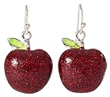 Artisan Owl - Red Apple Sparkling Enamel Polished Silver Tone Fruit Dangle Earrings