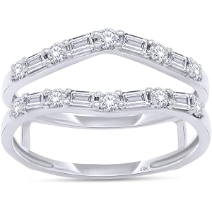 14K White Gold Plated Multi Stone Created Round & Baguette Diamond Ring Guard Enhancer, Gently Pointed Contoured Arch Wave Do