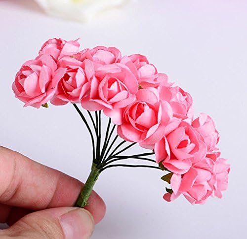 144pc Stems Mini Rose Paper Flower Creative Mini Rose Bulk Paper Flowers Wedding Handicrafts (Pink)