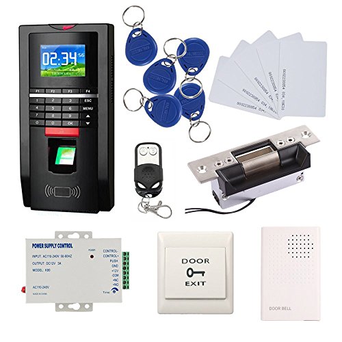 Biometric Fingerprint Access Control Systems Keyless Entry Kits USA Door Electric Strike Lock+Remote Control+110-240V Power Supply+Doorbell + Exit Button+RFID Key Fods/Cards