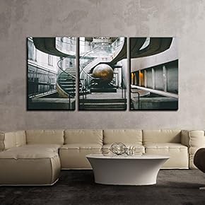 3 Piece Canvas Wall Art - Retro Style Staircase in The Building - Modern Home Art Stretched and Framed Ready to Hang - 16"x24"x3 Panels