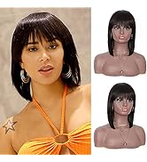 Brinbea 12" Human Hair Short Bob Wigs with Bangs for Black Women Black Straight Bob Cut Brazilian...