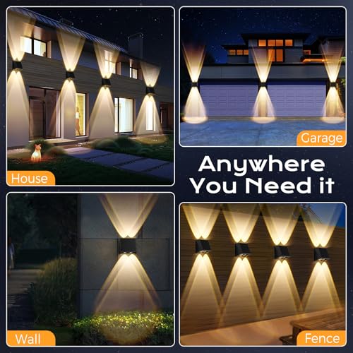Quntis Up Down Solar Wall Light Outdoor, 4Pack Warm White & RGB Solar Fence Lights, IP65 Waterproof Front Door Outside Lights for Garden Porch Deck Stair Post Yard Backyard Pathway, Black