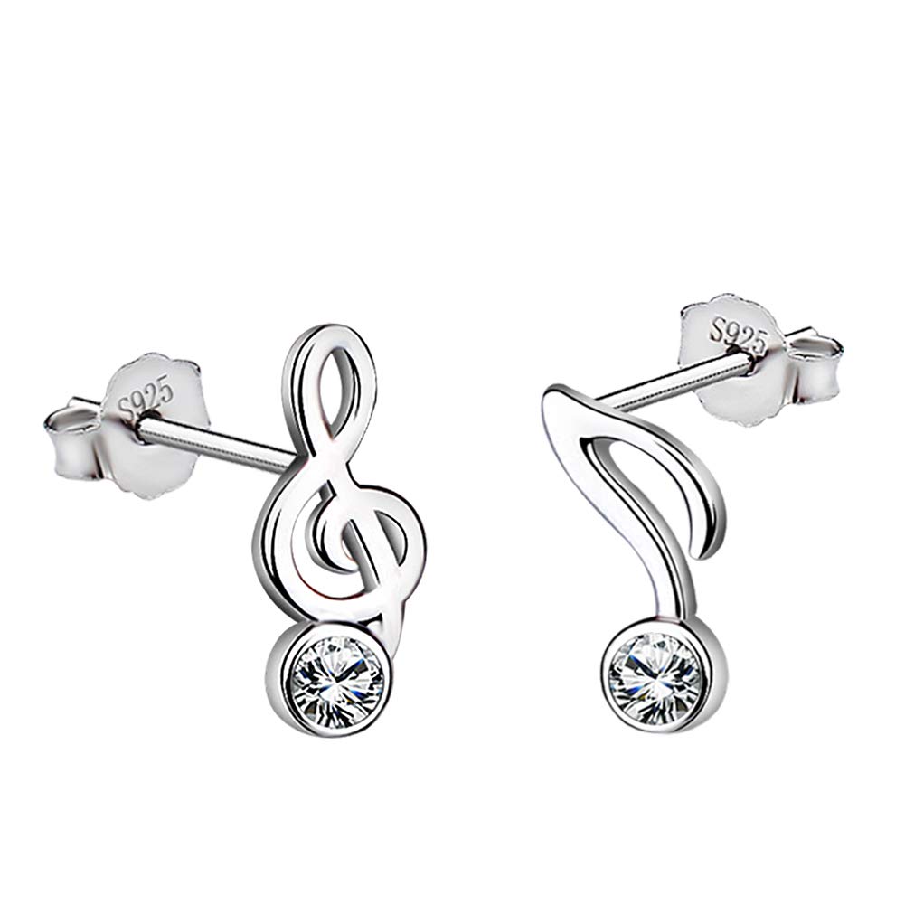 Meixao 925 Sterling Silver Music Note CZ Crystal Stud Earrings for Women Gift Boxed (White)