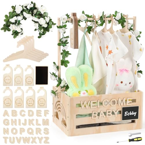 Dsocool Wooden Baby Shower Crate Closet With Hangers, Letters, Dividers - Easy Assembly Basket for Newborn Boys Girls - Pregnancy Gifts for New Parents