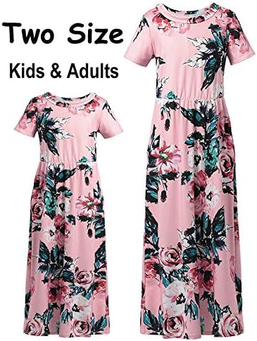 Mommy and Me Dresses for Women Girls Short Sleeve Floral Printed O Neck Empire Waist Maxi Dress Family Matching Clothes
