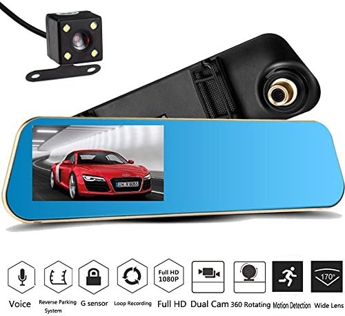 Car Camera Dual Lens, SQDeal Upgraded 4.3" inch Car DVR Front &amp; Rearview Mirror Video Recroder 170 Degree Wide Angle Lens with Waterproof Night Vision Rear Cam (Black)