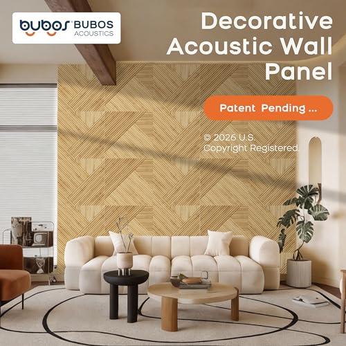 BUBOS Large Acoustic Panels,6 Pack Wood-Pattern Printing Soundproof Wall, Total Size 70.8 x 47.2 Inches Self-Adhesive Decorative Sound Absorbing Panels for Studio, Home,Light Diamond Weave
