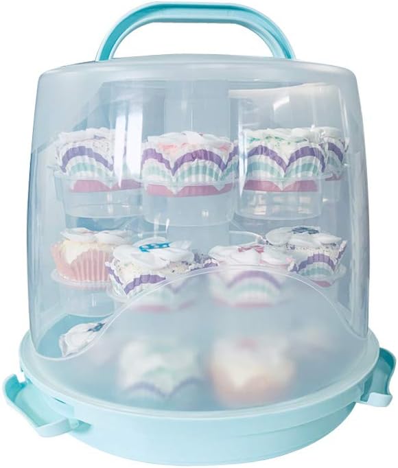 MANO 24 Cake Carrier Stand Cupcake Carrier Container Portable 3 Tier Cupcake Transporter Dome Box Muffin Holder with Locking Lid and Handle for Pie Cookies(Blue)