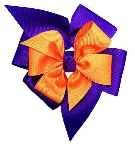 Victory Bows Large Four Loop Bow with Mini Flower- The Monica - Made in the USA French Clip (Purple/Orange)