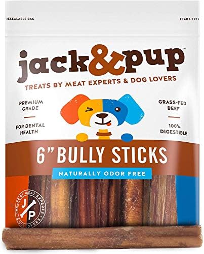 Jack&Pup 6-inch Premium Grade Odor Free Bully Sticks Canine Treats [Thick-Size] – 6” Lengthy All Pure Connoisseur Canine Deal with Chews – Recent and Savory Beef Taste – 30% Longer Lasting