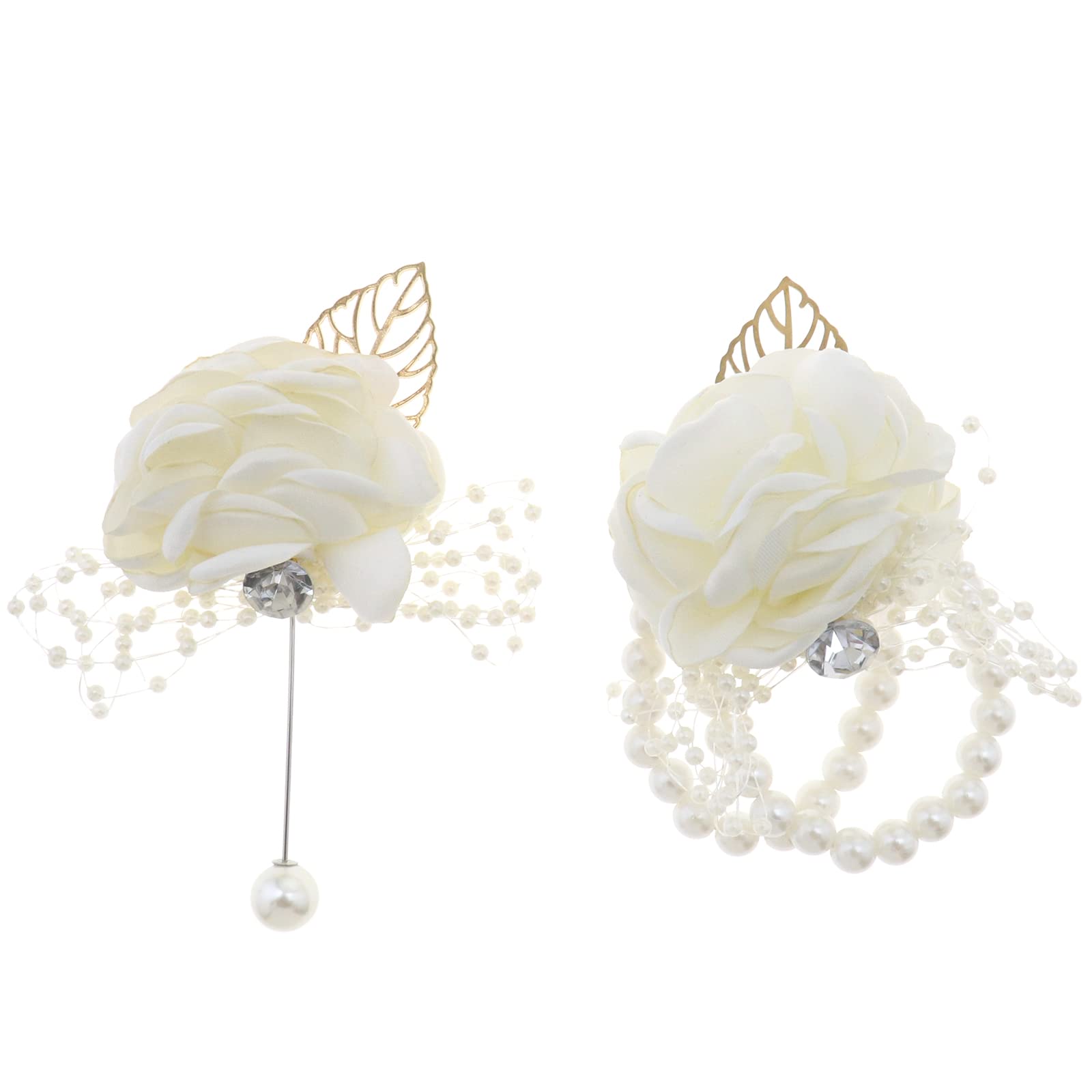 YINETTECH 2PCS Wrist Corsage Boutonniere for Wedding Party Prom Bridal Silk Wrist Flower Bridegroom Rose Boutonniere Wedding Wristband Hand Flowers White