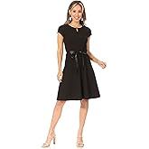 FashionJOA Women's Casual Solid Short Sleeve Ribbon Belted Flared A Line Swing Dresses