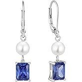 FJ Pearl Drop Earrings 925 Sterling Silver Emerald Cut Dangle Leverback Earrings Birthstone Jewelry Gifts for Women