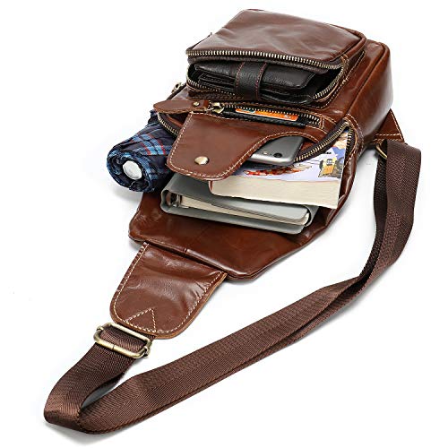 Leather Sling Bag For Men Crossbody Chest Bag Headphones Backpack Outdoor Travel Pack