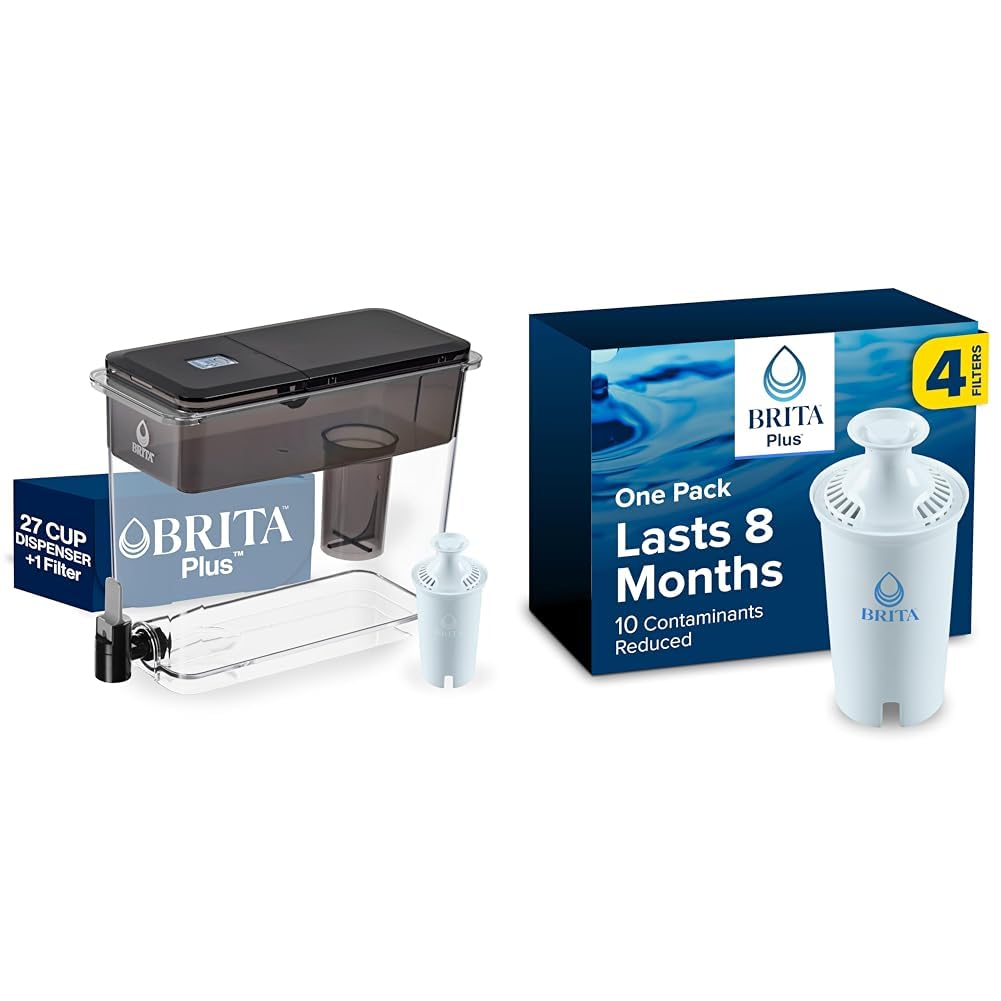 Brita UltraMax Large Water Dispenser with 1 BritaPlus Filter, 27 Cup Capacity, Black and 4 Brita Plus Water Filters, Lasts 8 Months Image