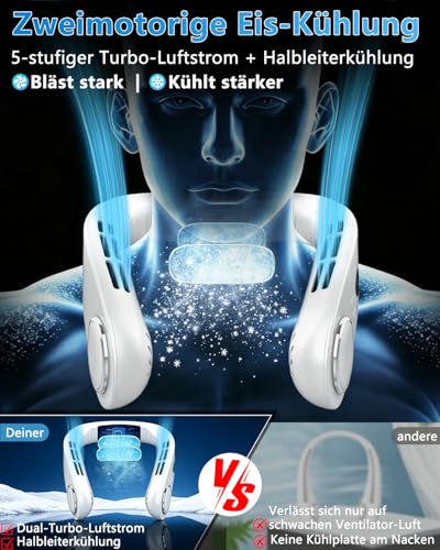 Kouric Neck Fan with Cooling, Neck Fans Extra Quiet (35 dB) 24 Hours USB-C 5500 mAh, 5 Levels & LED Display, Rotorless Fan for Hanging for Women/Men/Children/Outdoor/Indoor