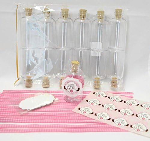 Assemble Your OWN, Baby Girl DIY Party Favors, BAIRE BOTTLES Round Plastic Bottles, Cork Stopper, Pink Artsy Die Cut "Baby Girl" Tags, Pink Gingham Ribbon to Celebrate The Arrival of Your Little ONE