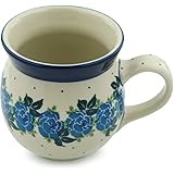Authentic Polish Pottery Bubble Mug 16 oz in Blue Rose Design Handmade in Bolesławiec Poland by Ceramika Artystyczna + Certificate of Authenticity