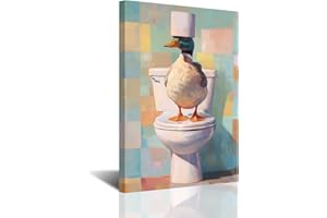 CXHOSTENT Duck Wall Art Bathroom Picture Wall Decor Funny Duck on Toilet with Paper Canvas Prints Whimsical Animal Paintings 