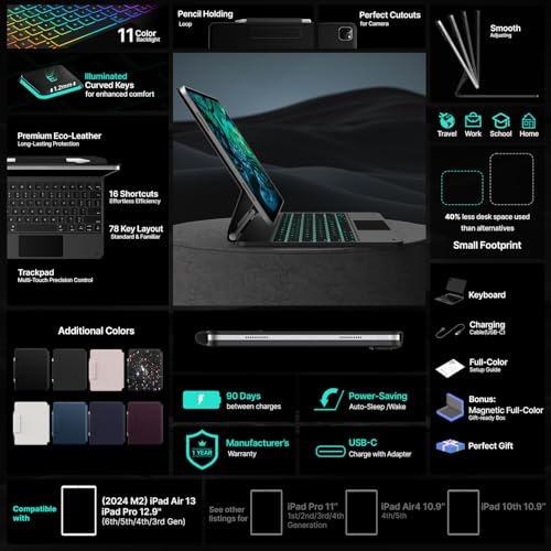 typecase Edge Keyboard Case for iPad Air 13"(M4/M3/M2, 2026/2025/2024) & Pro 12.9" – Magic with Multi-Touch Trackpad, 11 Colors Backlight, Pencil Holder, Slim & Lightweight- Black